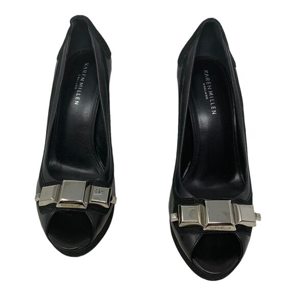 Karen Millen Black Leather Peep Toes Wedge Shoes size 39 - 8 - Picture 1 of 11